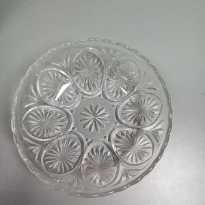 Vintage Clear Pressed Glass Starburst Scalloped Round Serving Bowl 8 Inch